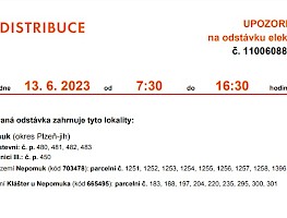 Upozornění na odstávku elektrické energie - 13.6.2023